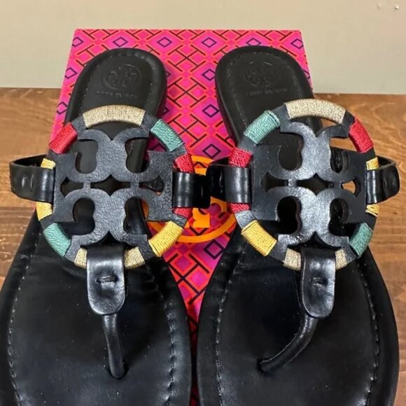 TORY BURCH 'MILLER' LEATHER THONG SANDALS EMBROIDERED W/'TB' BOX - Picture 2 of 16